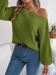 Moss green off-the-shoulder knit sweater with openwork detail and long sleeves.
