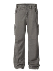 Distressed gray utility cargo pants with wide legs and multiple pockets.