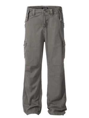 Distressed gray utility cargo pants with wide legs and multiple pockets.