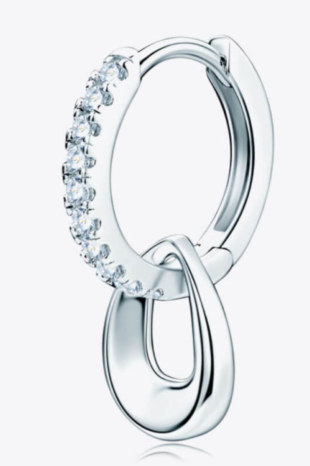 Sterling silver hoop earrings with pavé crystals and a teardrop charm.
