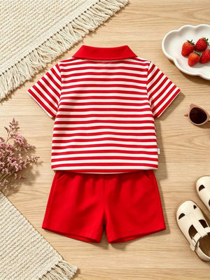 Baby boys red and white striped polo shirt and red shorts ensemble