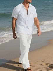 Men's Casual Button-up Shirt And Pants Set Plus Size, close-up detail