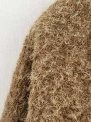 Textured knit tie-front coat in dark brown with fuzzy, shaggy material detail.