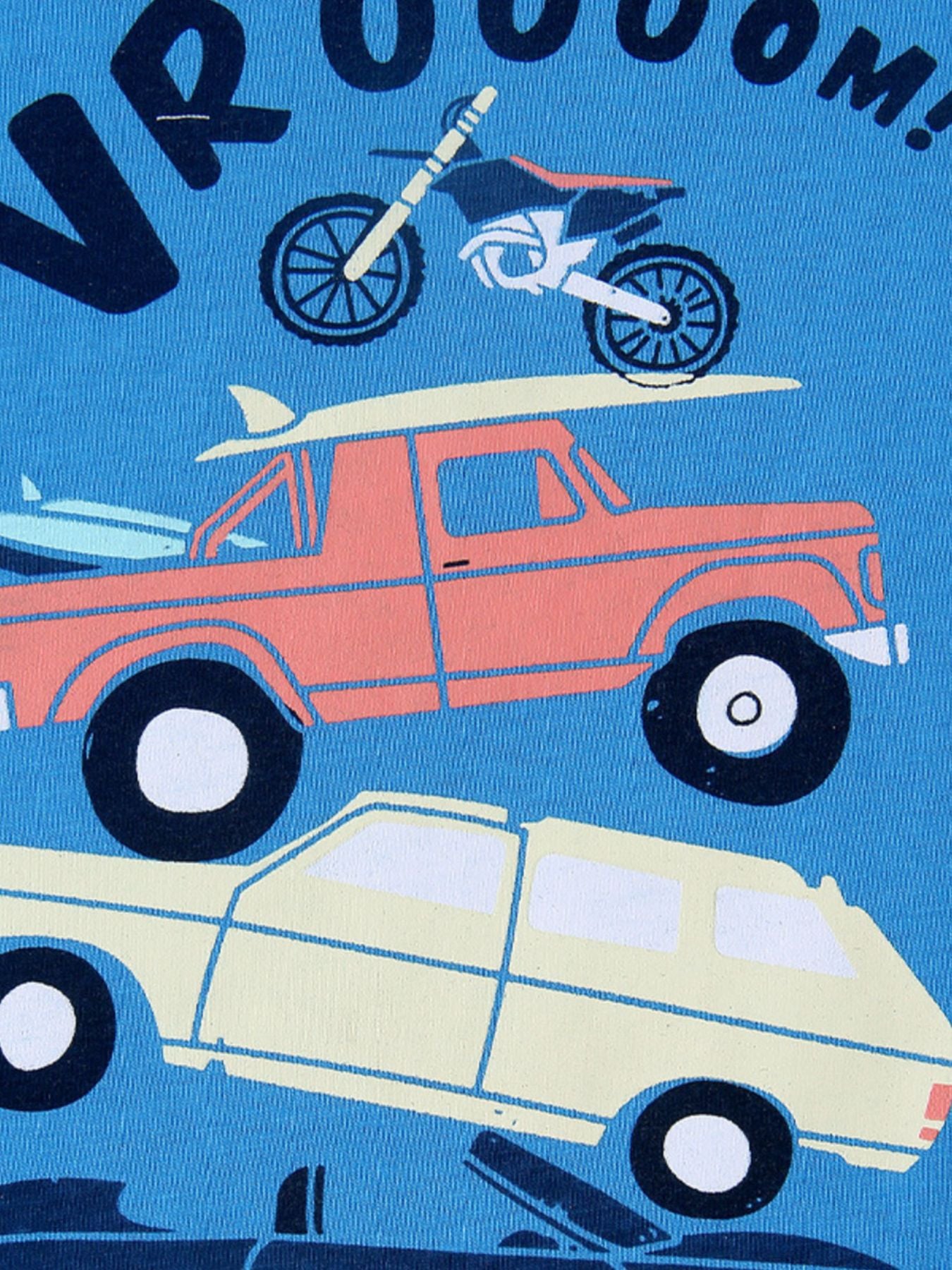 Kids blue graphic tee with vehicles, motorcycle, truck, and surfboards.