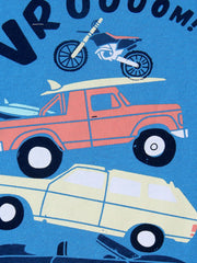 Kids blue graphic tee with vehicles, motorcycle, truck, and surfboards.