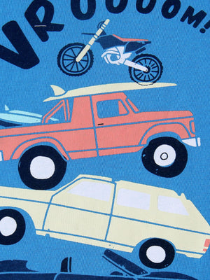 Kids blue graphic tee with vehicles, motorcycle, truck, and surfboards.
