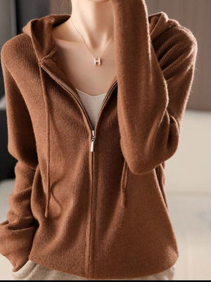 Ribbed knit zip-through hoodie in caramel with drawstring hood and front zipper.