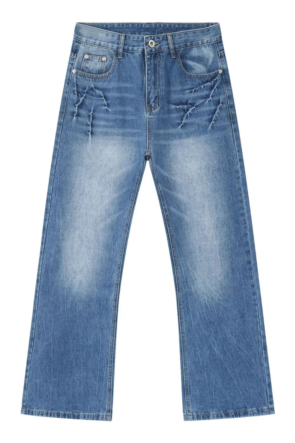 Baggy denim jeans in distressed medium wash with unique cracked detailing.