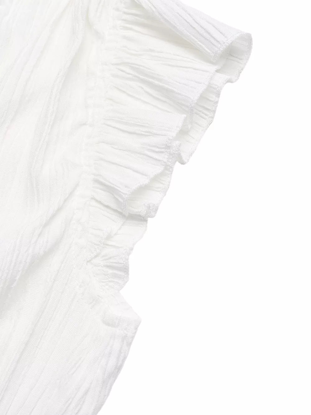 White maternity blouse with textured fabric and ruffled cap sleeves.