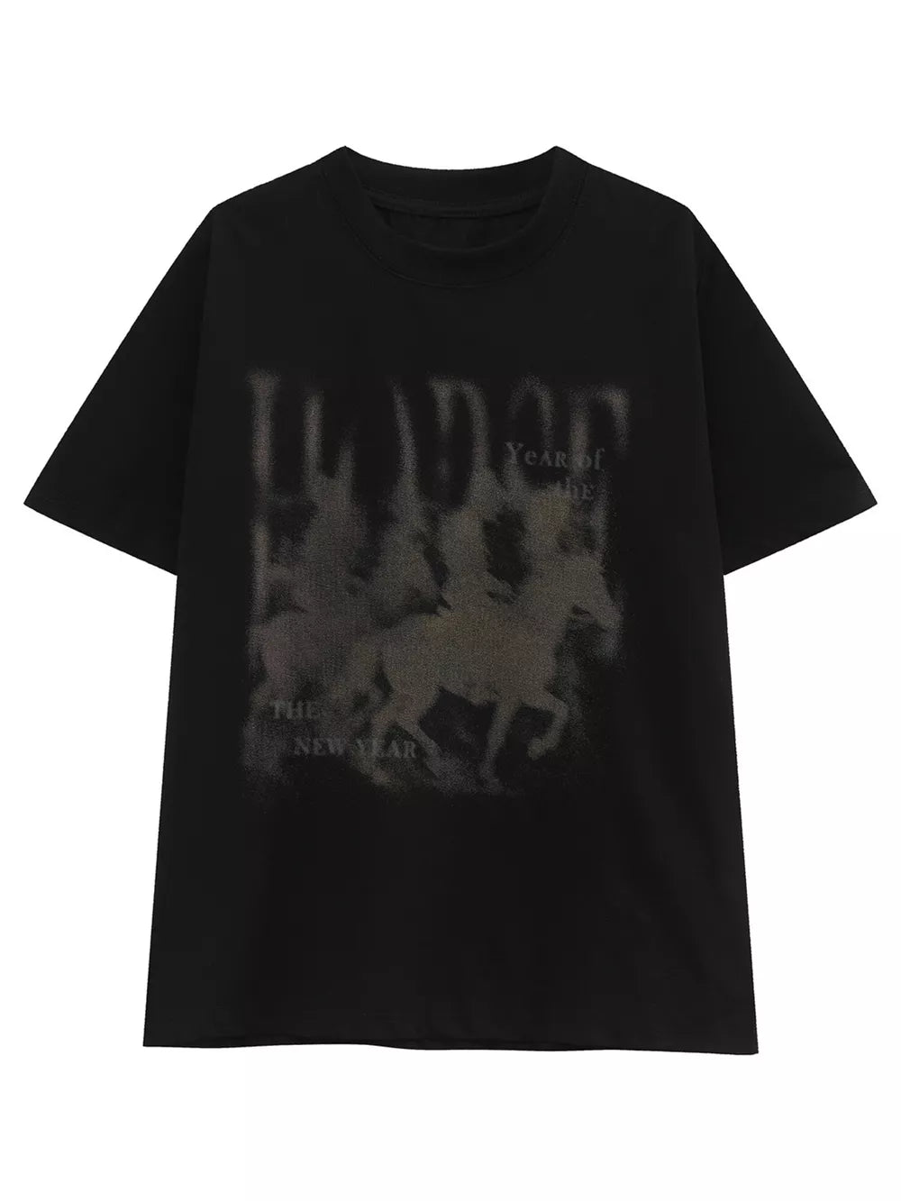 Black cotton blend graphic tee with vintage horse and text print