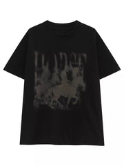 Black cotton blend graphic tee with vintage horse and text print