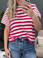 Red and white striped cotton blend t-shirt with a round neck and short sleeves.