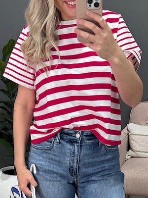 Red and white striped cotton blend t-shirt with a round neck and short sleeves.
