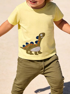 Toddler cotton tee, white, with whimsical dinosaur appliqué.