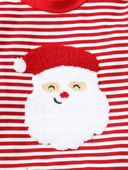 Baby pajama top with red and white stripes and a fluffy Santa applique.