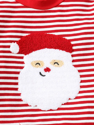 Baby pajama top with red and white stripes and a fluffy Santa applique.