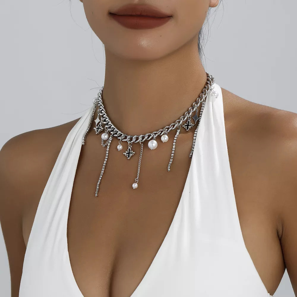 Tassel Star-moon Synthetic Pearl Pendant Choker in Silver, model styling view