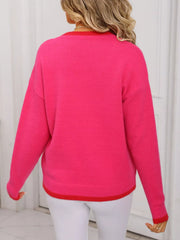 Rose red acrylic blend sweater with red trim, crew neck, long sleeves.