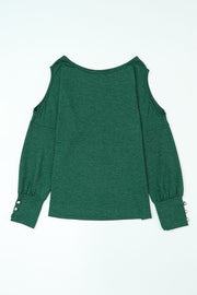 Dark green cold shoulder blouse with button cuff sleeves