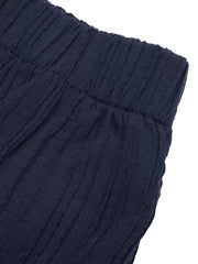 Navy blue textured wide-leg pants with elastic waistband detail