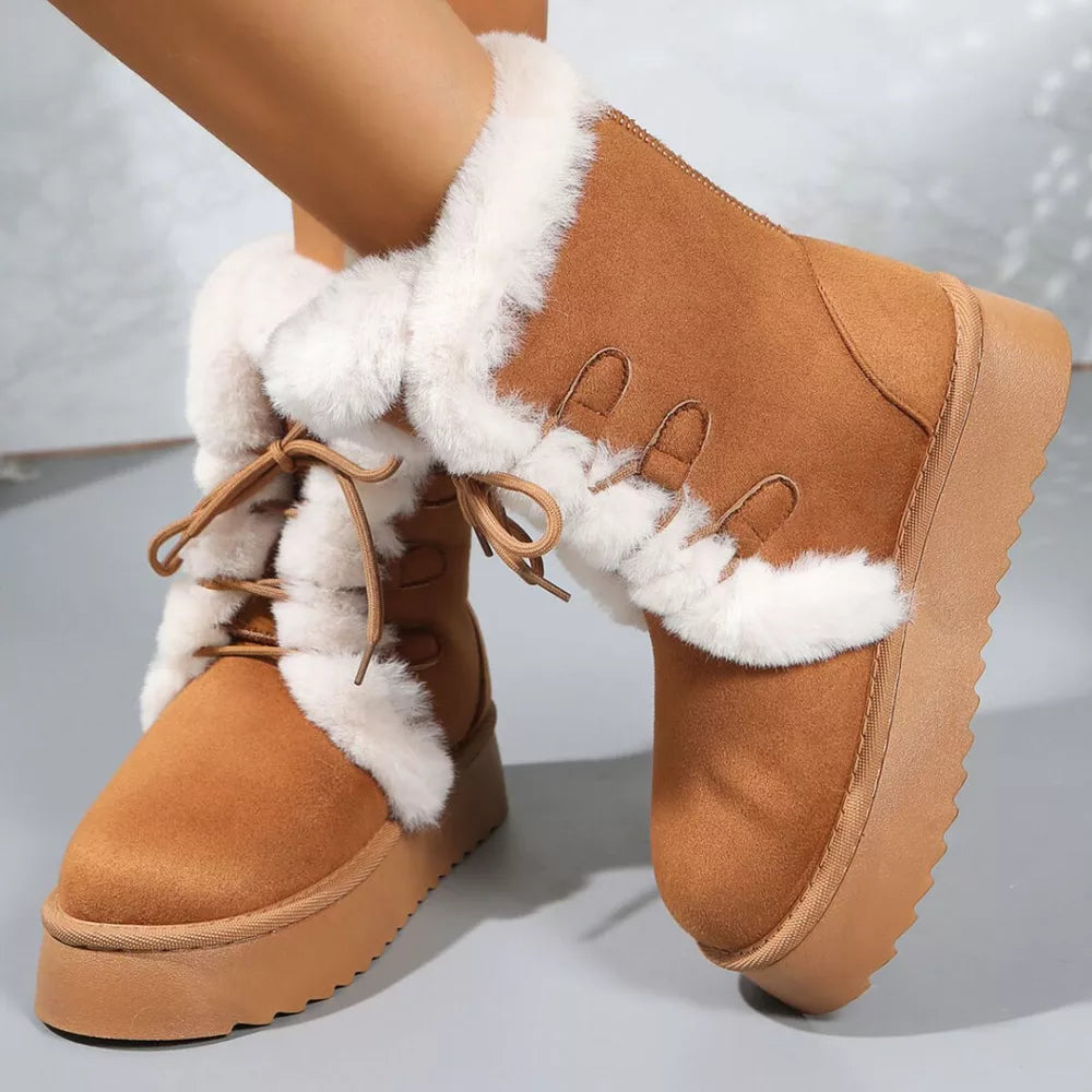 Brown suede lace-up ankle boots with white fur trim and platform sole.