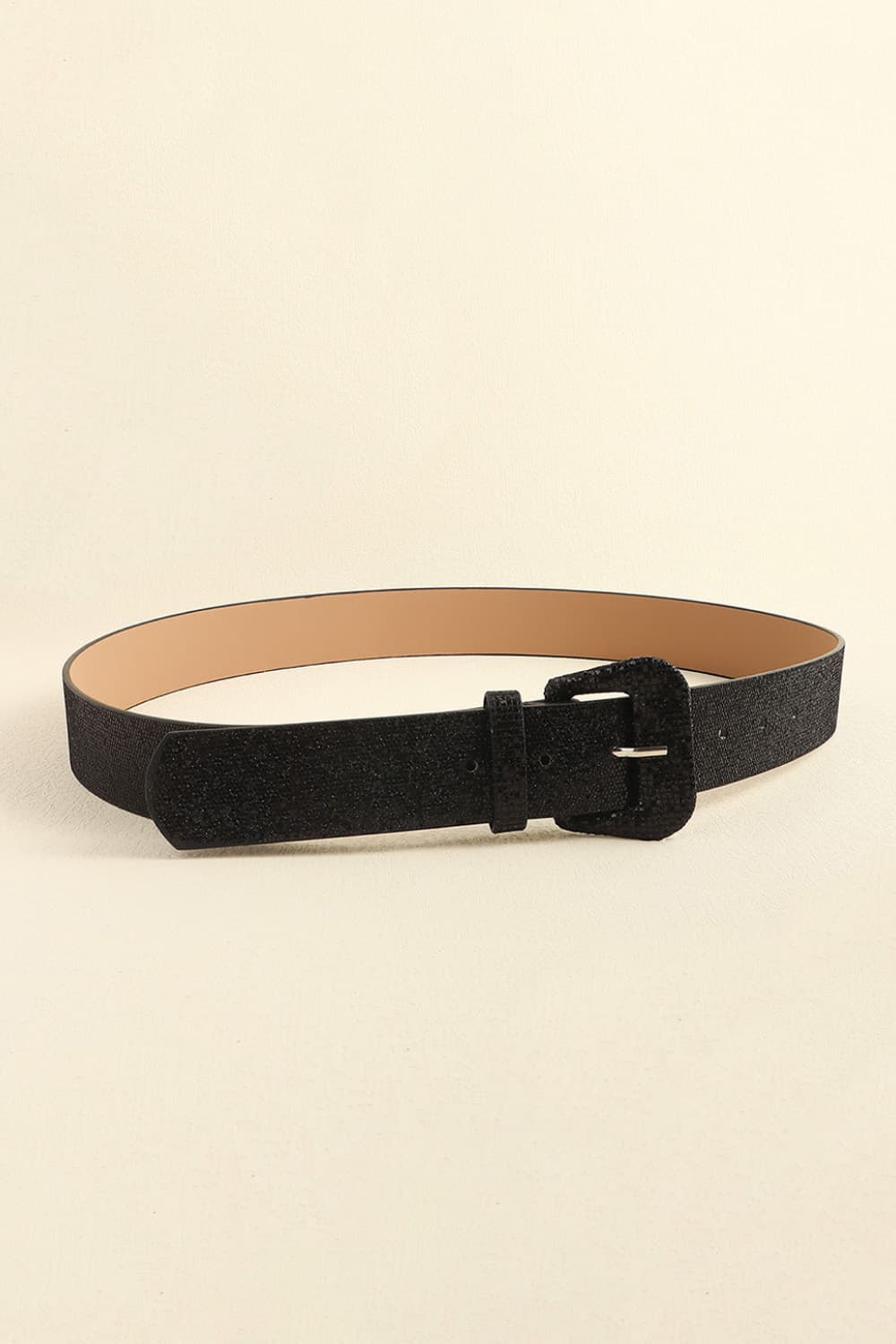 Black glitter belt with a square buckle and faux leather lining