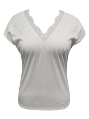 White cap sleeve blouse with lace trimmed V-neck.