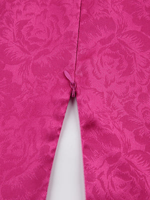 Vibrant cerise mini dress with rose jacquard pattern and back zipper detail