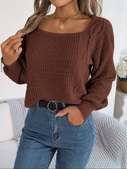 Chocolate cable knit sweater with square neckline and textured sleeves