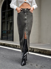 Dark gray denim maxi skirt with button front and thigh slit