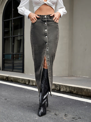 Dark gray denim maxi skirt with button front and thigh slit