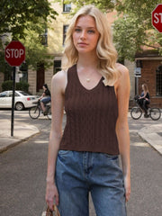 Dark brown cable knit tank top with a V-neck and sleeveless design.