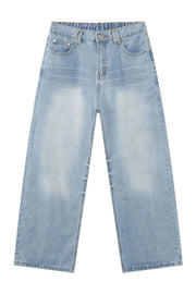 Baggy denim palazzo jeans in medium wash with a washed effect and elastic waistband.