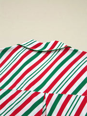 Velvet Ribbon Knot Pajama Set top with red, green, and white stripes and a green collar trim.
