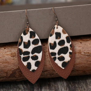 Brown layered leather dangle earrings with leopard print detail