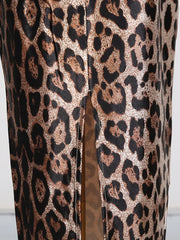 Chic leopard print bodycon midi dress with a thigh-high slit detail.