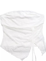 White floral lace ruched tube top with drawstring detail and asymmetrical hem.