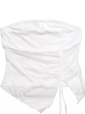 White floral lace ruched tube top with drawstring detail and asymmetrical hem.