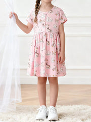 Pink cotton bunny print casual dress for toddlers with short sleeves and a round neckline.