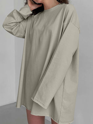 Oversized taupe cotton jersey long sleeve top with crew neck and relaxed fit.