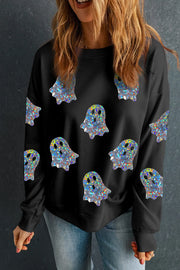 Black crewneck sweatshirt with all-over holographic ghost graphic print.