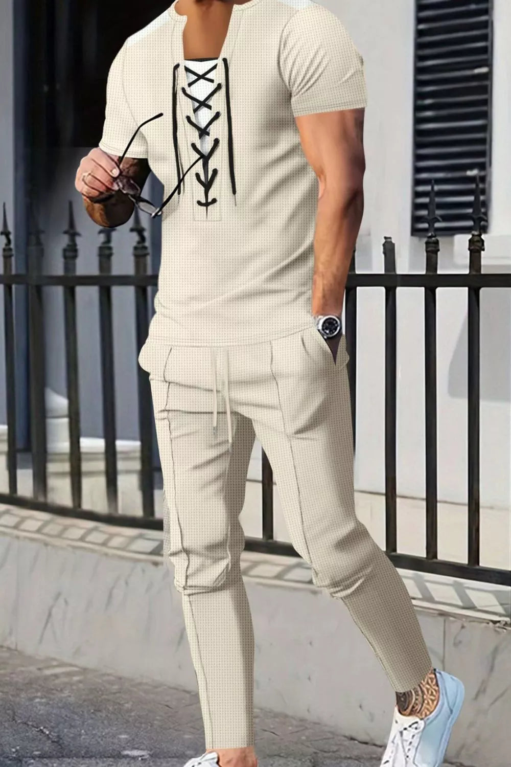 Men's Full Size Lace-up Front Top And Pants Set, back view