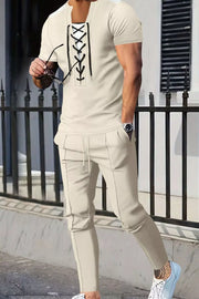 Men's Full Size Lace-up Front Top And Pants Set, back view