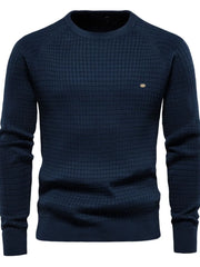 Navy crewneck sweater with textured grid pattern and raglan sleeves.