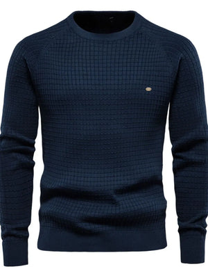 Navy crewneck sweater with textured grid pattern and raglan sleeves.