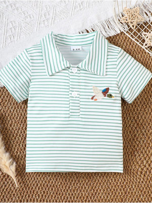 Light Green striped cotton polo shirt for baby with embroidered duck detail.