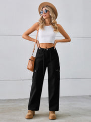 Black denim cargo pants with drawstring waist and wide legs.