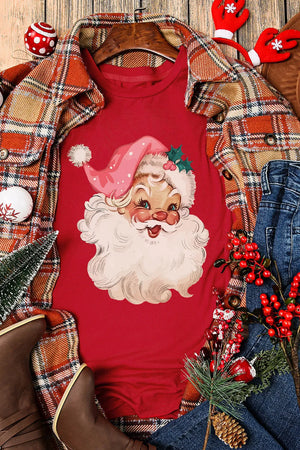 Red t-shirt with a retro Santa graphic, crew neck, short sleeves.