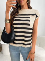 Striped knit pocket tee in beige and black with a crew neck and short sleeves.