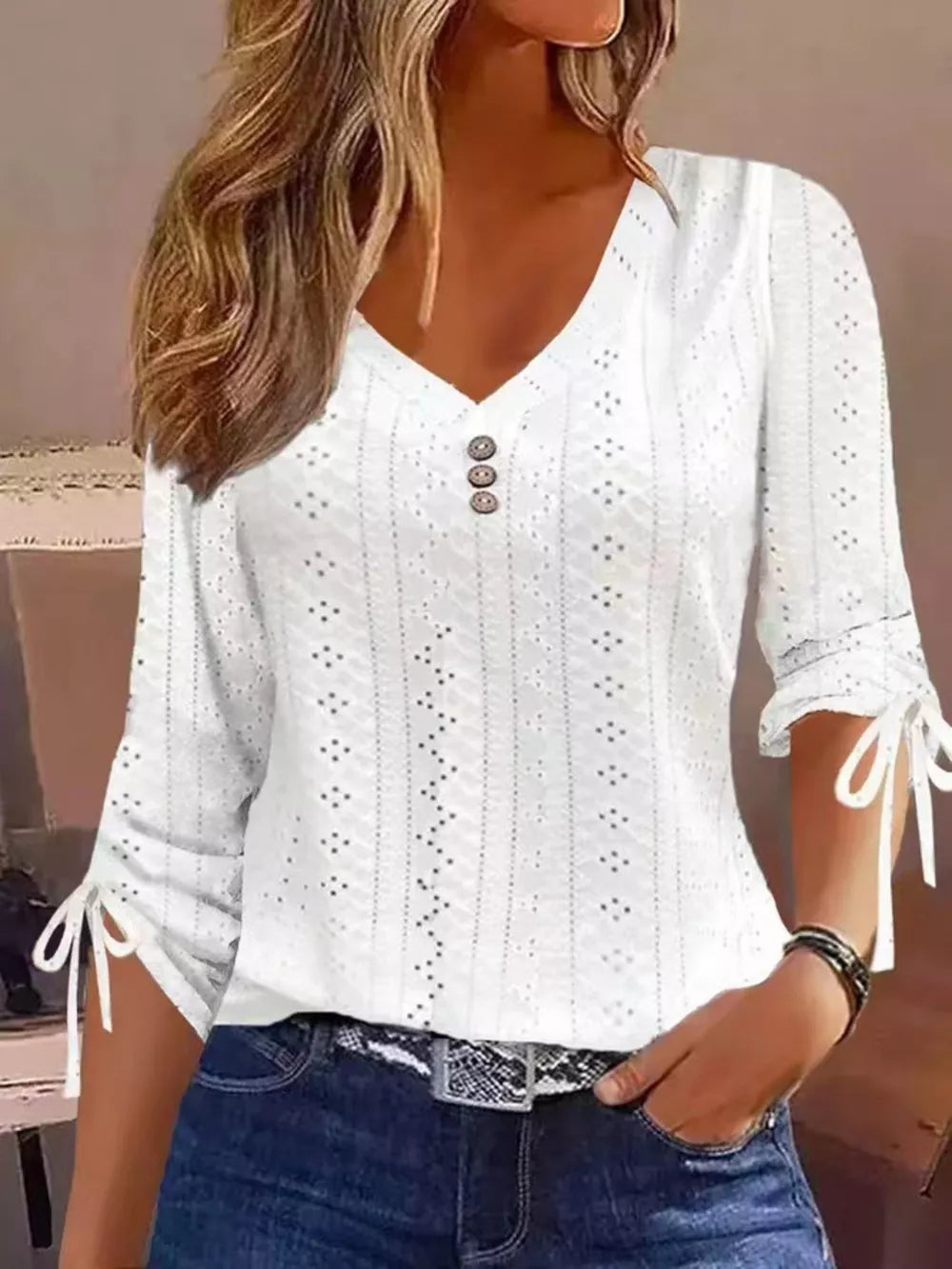 Full Size V-neck Eyelet Drawstring Sleeve Top in Pink, front view